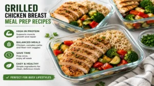 Grilled chicken breast meal prep recipes with brown rice and roasted vegetables in glass meal prep containers