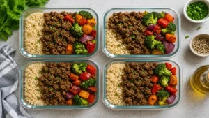 Ground beef meal prep bowls featuring beef meal prep ideas with brown rice and roasted vegetables