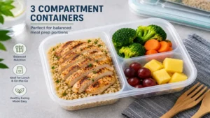 3 compartment containers with balanced meal prep portions for lunch