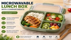Microwavable lunch box with compartments for separating rice, vegetables, fruit, and protein into organized meal portions.