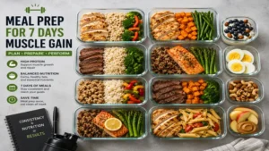 Weekly meal prep containers for 7 day meal plan for muscle gain