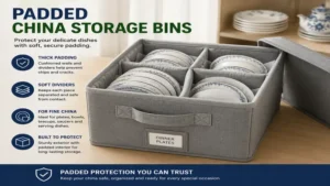 Padded china storage bins designed to protect delicate plates, bowls, and serving dishes