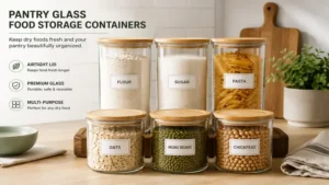 pantry glass food storage containers set used to store flour, sugar, and pasta