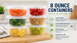 Stack of plastic 8 ounce containers for storing leftovers and snacks