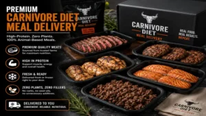 Premium carnivore diet meal delivery with fresh beef, chicken, and salmon prepared for weekly meals.