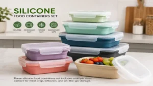 Stackable silicone food containers set with matching lids for kitchen organization.