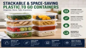 Plastic to go containers stacked neatly for efficient kitchen storage and transport