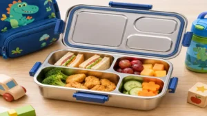Stainless steel kids lunch box opened to show organized food compartments