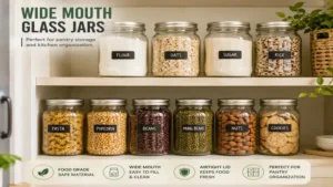 wide mouth glass jars neatly arranged on pantry shelves with dry food ingredients