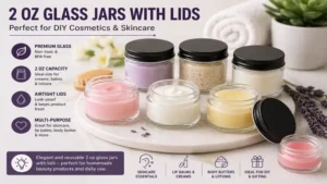2 oz glass jars with lids used for homemade lip balm, face cream, and skincare products.