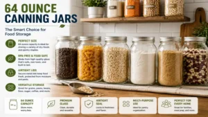 64 ounce canning jars used for storing dry foods, grains, pasta, flour, and pantry essentials.