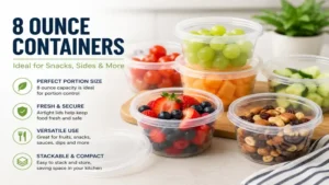 Reusable 8 ounce containers filled with fresh fruit and healthy snacks