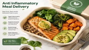 Anti inflammatory meal delivery lunch prepared with leafy greens, lean protein, and colorful vegetables