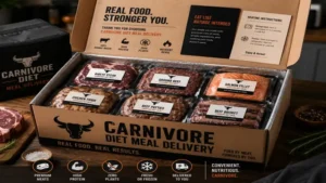 carnivore diet meal delivery box filled with protein-rich meats and individually packed ready-to-eat meals.