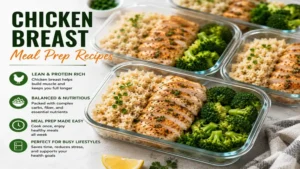 chicken breast meal prep recipes featuring seasoned chicken, rice, and fresh broccoli for easy weekly meal planning