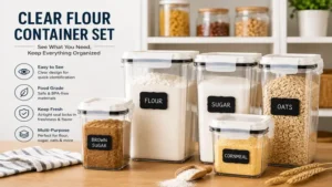 Clear flour container set with transparent containers for easy pantry organization and ingredient identification