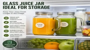 Glass juice jar stored in the refrigerator with fresh fruit juice