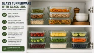Glass tupperware with glass lids stacked in a modern kitchen cabinet for organized storage