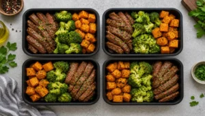 High-protein beef meal prep ideas with grilled beef, broccoli, and sweet potatoes