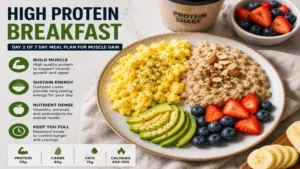 High protein breakfast included in 7 day meal plan for muscle gain