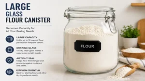 Large glass flour canister with generous capacity for baking ingredient storage