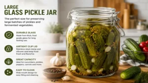 Large glass pickle jar with airtight lid for preserving vegetables