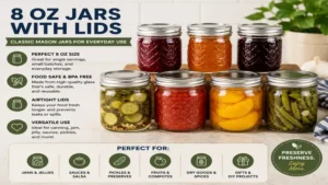 Classic mason 8 oz jars with lids used for canning jam, jelly, sauces, and pickled vegetables.