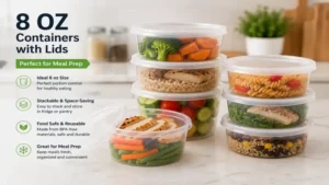 Stackable 8 oz containers with lids used for portion control and weekly meal prep