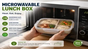 Microwavable lunch box heating food safely in a microwave for a fast, fresh, and convenient homemade lunch.