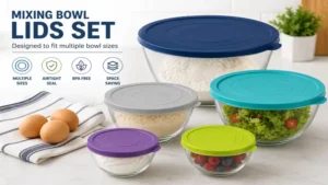 Mixing bowl lids set designed to fit multiple bowl sizes for kitchen storage