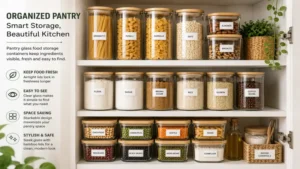Organized pantry featuring pantry glass food storage containers with labeled ingredients