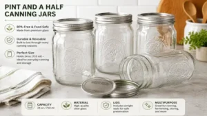 Clear pint and a half canning jars with regular lids ready for home canning