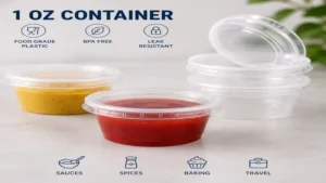 Plastic 1 oz container suitable for condiments, dressings, and meal prep