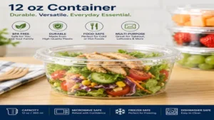 Durable plastic 12 oz container suitable for takeout, snacks, and leftovers.