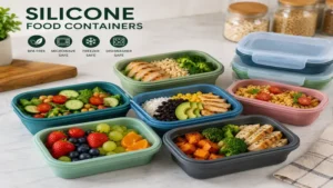 Reusable silicone food containers filled with healthy meal prep for refrigerator storage.