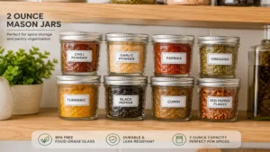 2 ounce mason jars filled with colorful spices organized on a pantry shelf