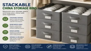 Stackable china storage bins with reinforced sides for efficient cabinet and closet organization