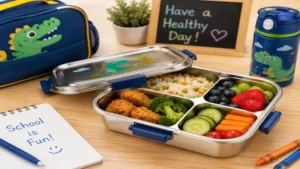 Stainless steel kids lunch box packed with nutritious lunch for school