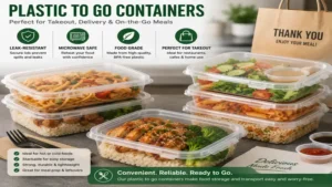 Plastic to go containers filled with fresh takeout meals ready for delivery