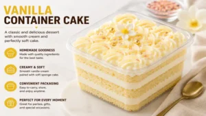 Homemade vanilla container cake with smooth buttercream and decorative toppings