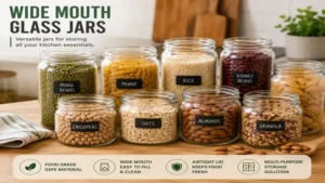 wide mouth glass jars used for storing rice, beans, oats, pasta, and other pantry staples