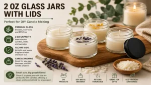 2 oz glass jars with lids prepared for DIY candle making with wax and cotton wicks.