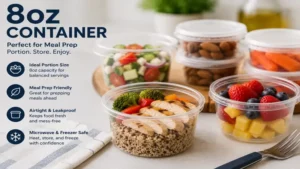 Reusable 8oz container filled with healthy meal prep ingredients for everyday use
