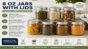 Airtight 8 oz jars with lids keep dry foods fresh while protecting ingredients from moisture and spills.