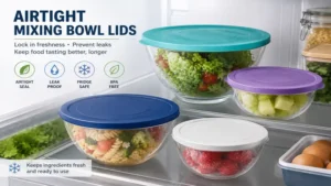 Airtight mixing bowl lids helping preserve food freshness in the refrigerator