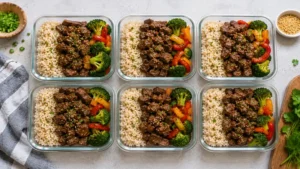 beef meal prep ideas with tender beef, rice, and colorful vegetables in meal prep containers