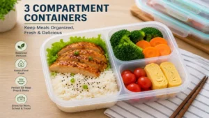 Bento-style 3 compartment containers with vegetables, protein, and grains
