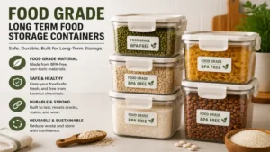 Food grade long term food storage containers designed for safe bulk food storage