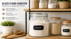 Glass flour canister displayed in an organized kitchen pantry with dry goods