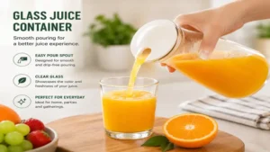 Glass juice container pouring fresh orange juice into a drinking glass